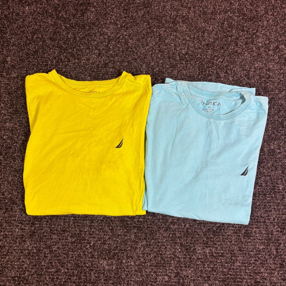 Nautica Mens XL T-Shirt Bundle 2 Pack Yellow Blue 100% Cotton Short Sleeve Tee